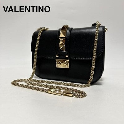VALENTINO GARAVANI ROCKSTUD BLACK LEATHER CHAIN SHOULDER BAG GOLD STUDS