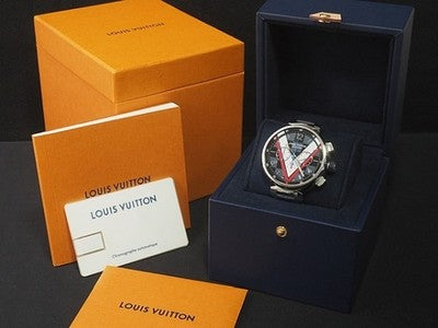 LOUIS VUITTON TAMBOUR CHRONOGRAPH DAMIER COBALT V QA076 SS BLUE/WHITE/RED WATCH
