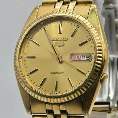 SEIKO 5 AUTOMATIC DAY-DATE 7S26-3110 FLUTED BEZEL GOLD DIAL MEN'S WATCH 36.3MM