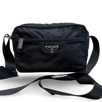 PRADA NYLON LEATHER TRIANGLE LOGO CAMERA SHOULDER BAG BLACK UNISEX CROSSBODY