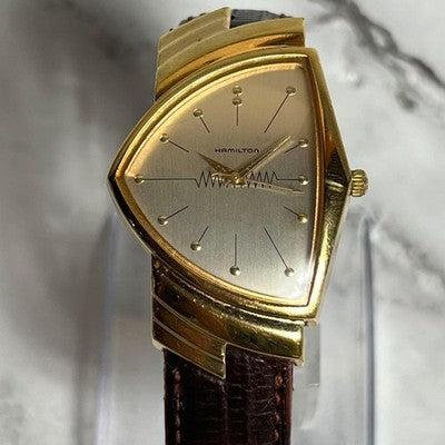 HAMILTON VENTURA 6250 MEN'S GOLD QUARTZ WATCH BROWN LEATHER BELT VINTAGE