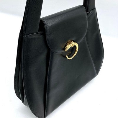 CARTIER PANTHERE BLACK LEATHER SHOULDER BAG GOLD HARDWARE AUTHENTIC JAPAN