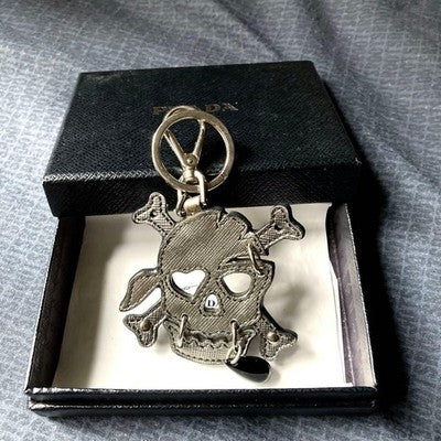 PRADA SKULL MOTIF KEYRING KEY CHAIN BAG CHARM METAL LEATHER W/ BOX