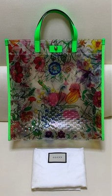 GUCCI FLORA GREEN VINYL TOTE BAG AUTHENTIC FLORAL PATTERN LARGE CAPACITY