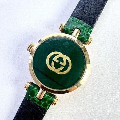 GUCCI 2000L SHERRY LINE WOMENS QUARTZ WATCH WHITE DIAL GREEN LEATHER BAND W/BOX