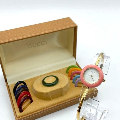 GUCCI CHANGE BEZEL 12 COLORS WOMEN'S WATCH - OVERHAULED, NEW BATTERY, GOLD TONE