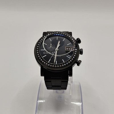 GUCCI 101M ROUND CHRONOGRAPH DIAMOND BEZEL QUARTZ WATCH BLACK BUCKLE
