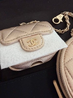 CHANEL METALLIC GOLD QUILTED LAMBSKIN ROUND & MINI FLAP AIRPOD DUAL BAG SET