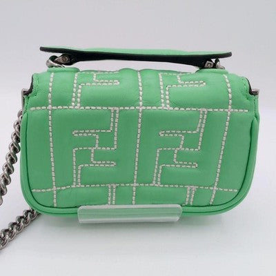 FENDI ZUCCA NANO BAGUETTE LEATHER SHOULDER BAG GREEN NEAR MINT