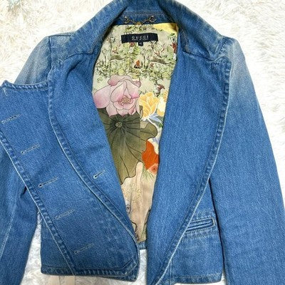 GUCCI NAPOLEON DENIM JACKET WITH GOLD BUTTONS FLORAL LINING M WOMEN