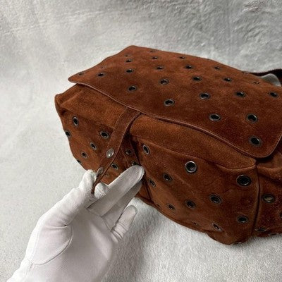 PRADA SUEDE GROMMET SHOULDER BAG BROWN PERFORATED LEATHER CROSSBODY