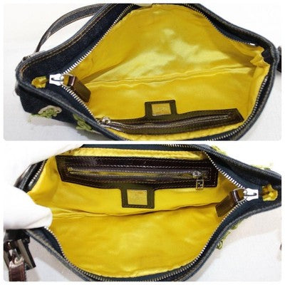 FENDI DENIM BAGUETTE SHOULDER BAG NAVY EMBROIDERED FLOWER EXCELLENT