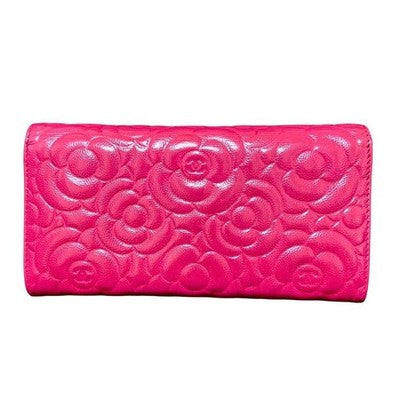 CHANEL CAMELLIA EMBOSSED CAVIAR SKIN LONG WALLET PINK GOLD HARDWARE
