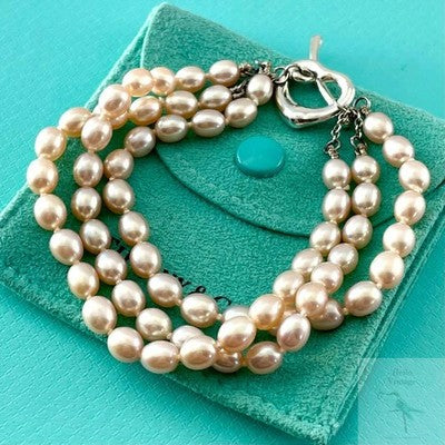 TIFFANY OPEN HEART PEARL TRIPLE STRAND BRACELET SILVER 925 TOGGLE CLASP