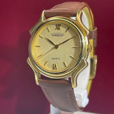 AUREOLE QUARTZ MEN'S WRISTWATCH 90S VINTAGE ROUND FACE LEATHER STRAP BAMBI