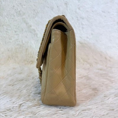 CHANEL MATELASSE LAMBSKIN BEIGE SHOULDER BAG TURN LOCK W FLAP AUTH CARD VTG