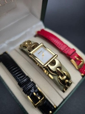 GUCCI 1800L VINTAGE WATCH W/ 2 EXTRA STRAPS & BOX GOLD PLATED SWISS