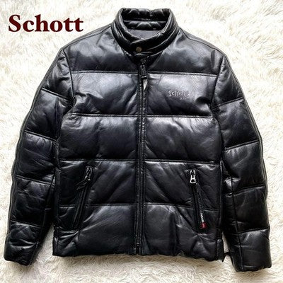 AUTH SCHOTT MEN'S ZIPPER DOWN JACKET LEATHER LOGO SIZE 40 BLACK VINTAGE