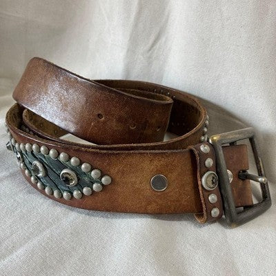HOLLYWOOD TRADING COMPANY BLUE PYTHON PEANUT STUDS LEATHER BELT BROWN VINTAGE JP