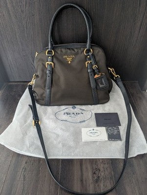 PRADA 1BB013 SAFFIANO NYLON 2WAY BAG KHAKI CROSSBODY GOLD AUTH WITH STORAGE BAG