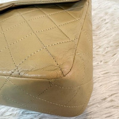 CHANEL MATELASSE LAMBSKIN BEIGE SHOULDER BAG TURN LOCK W FLAP AUTH CARD VTG