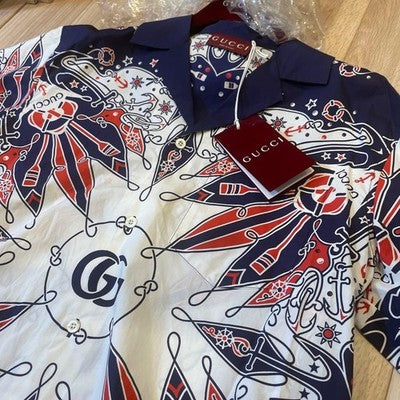GUCCI DOUBLE G BANDANA PRINT ALOHA STYLE SHIRT 100% COTTON MEN SIZE 50 NEW W/TAG