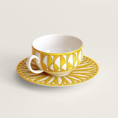 HERMES SOLEIL D'HERMES TEACUP & SAUCER SET OF 2 PORCELAIN NEW IN BOX FRANCE
