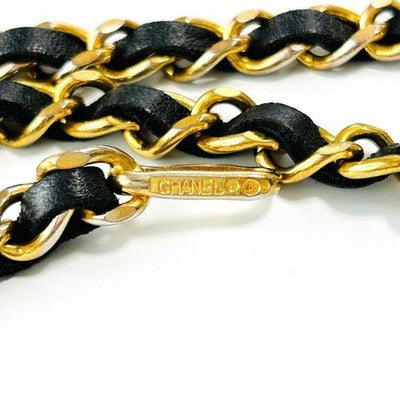 CHANEL BELT AUTH GOLD PLATE MEDAL BLACK LEATHER KENKENJP COIN 98CM CHAIN COCO CC