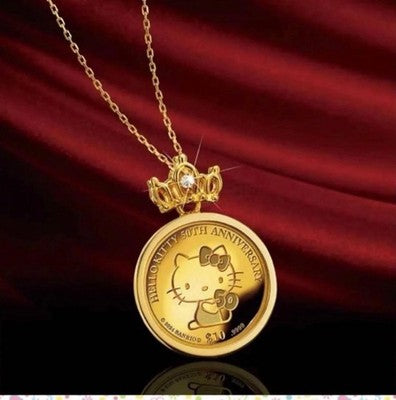 HELLO KITTY 50TH ANNIVERSARY 2024 GOLD COIN NECKLACE 1/25 OZ W/ CERTIFICATE NEW