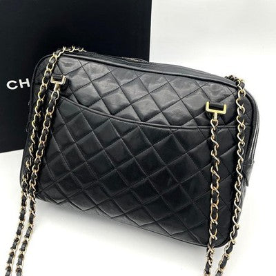 CHANEL MATELASSE LAMBSKIN CHAIN SHOULDER BAG BLACK COCO MARK QUILTED FLAP PURSE