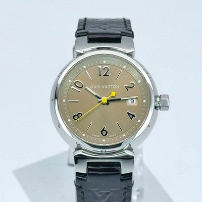 LOUIS VUITTON TAMBOUR Q1212 MONOGRAM WATCH BROWN DIAL STAINLESS STEEL QUARTZ