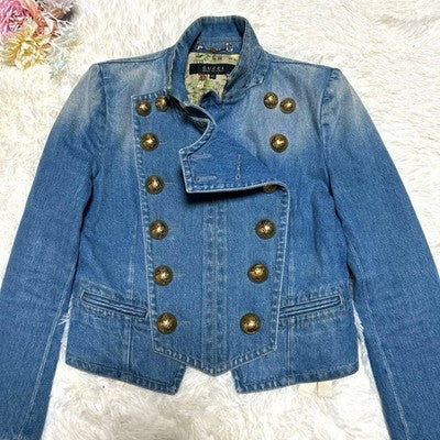 GUCCI NAPOLEON DENIM JACKET WITH GOLD BUTTONS FLORAL LINING M WOMEN