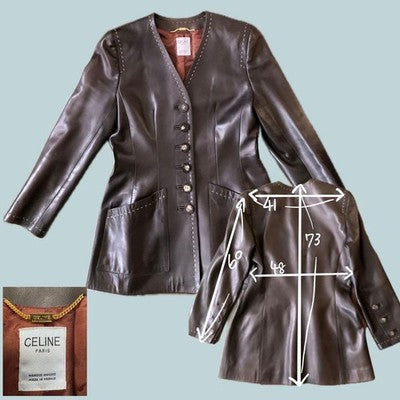 CELINE LAMBSKIN COLLARLESS LEATHER JACKET BROWN WOMEN VINTAGE EXCELLENT CLEAN OK