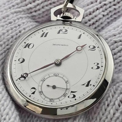 MOVADO VINTAGE POCKET WATCH 15 JEWELS ENAMEL DIAL MANUAL WIND W/ CHAIN WORKING