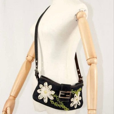 FENDI DENIM BAGUETTE SHOULDER BAG NAVY EMBROIDERED FLOWER EXCELLENT