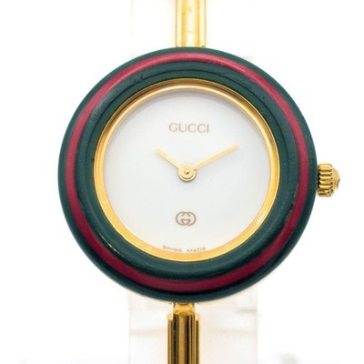 GUCCI 1100L BANGLE WATCH GOLD WHITE DIAL CHANGEABLE BEZEL QUARTZ LADIES RARE