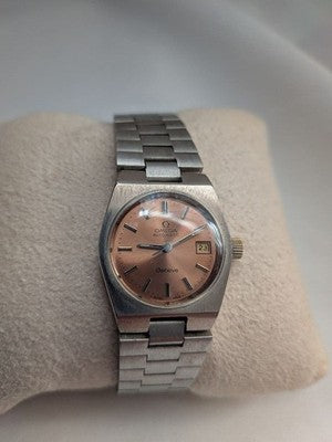 OMEGA GENEVE AUTOMATIC PINK GOLD DIAL DATE RARE DIAL LADIES WATCH VINTAGE