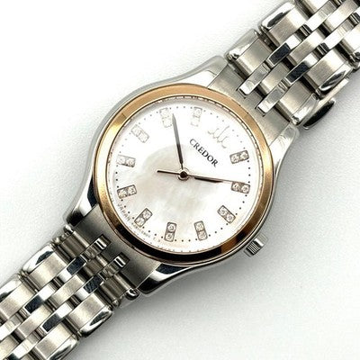SEIKO CREDOR SIGNO DIAMOND K18PG 750 SHELL DIAL WOMENS QUARTZ WATCH GSAS946