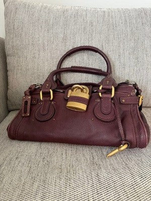 CHLOE PADDINGTON HANDBAG, BURGUNDY, PADLOCK, LEATHER PEBBLED GENUINE WOMEN ITALY