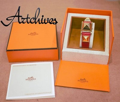 HERMES MEDOR ME1.201 GOLD PLATE CASE WHITE QZ WOMEN'S WATCH WITH BOX