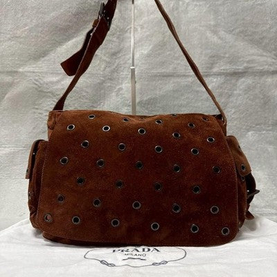 PRADA SUEDE GROMMET SHOULDER BAG BROWN PERFORATED LEATHER CROSSBODY