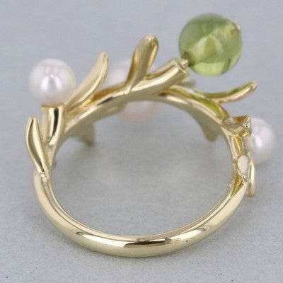 MIKIMOTO OLIVE PEARL RING 750 YELLOW GOLD LEAF MOTIF PEARL JEWELRY WITH BOX