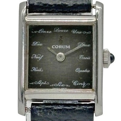 CORUM TANK SQUARE 15158 MANUAL WINDING GRAY DIAL BLACK LEATHER LADYS WATCH USED