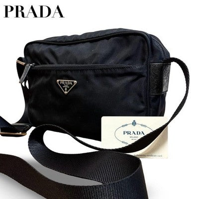 PRADA NYLON LEATHER TRIANGLE LOGO CAMERA SHOULDER BAG BLACK UNISEX CROSSBODY