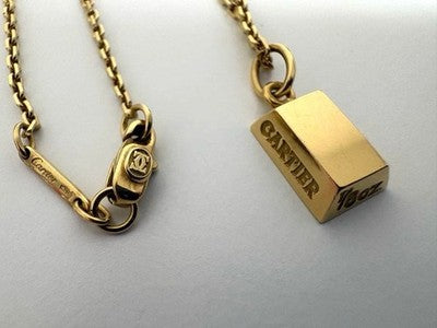 CARTIER 1/8 OZ INGOT PENDANT & 2C LOGO CHAIN SET 750 YELLOW GOLD RARE VINTAGE