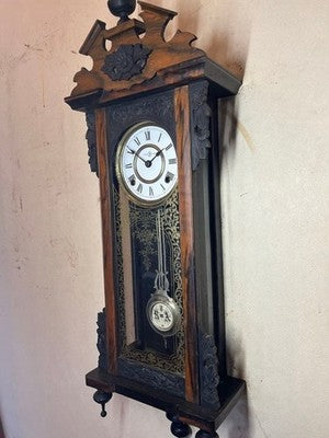 JUNGHANS ANTIQUE WALL CLOCK PENDULUM MECHANICAL CARVED WOOD BLACK PERSIMMON