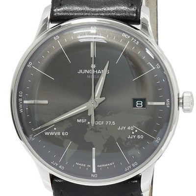 JUNGHANS MEISTER MEGA 058/4803 00 QUARTZ GREY DIAL SS LEATHER STRAP MEN'S WATCH