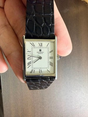 UNIVERSAL GENEVE VINTAGE RECTANGULAR MANUAL WIND MEN'S WATCH - WHITE DIAL