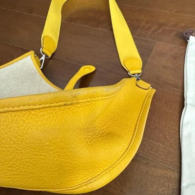 HERMES EVELYNE PM SHOULDER BAG YELLOW CANVAS & LEATHER COMBINATION, USED