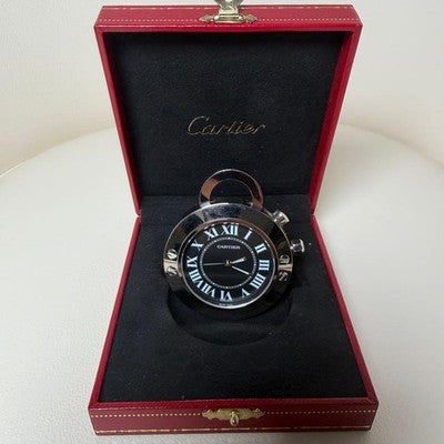 CARTIER TRAVEL CLOCK ALARM QUARTZ BLACK DIAL DESK CLOCK W/BOX WARRANTY 2006
